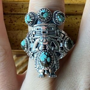 Real Turquoise Sterling Silver Kachina Doll Ring Size 7